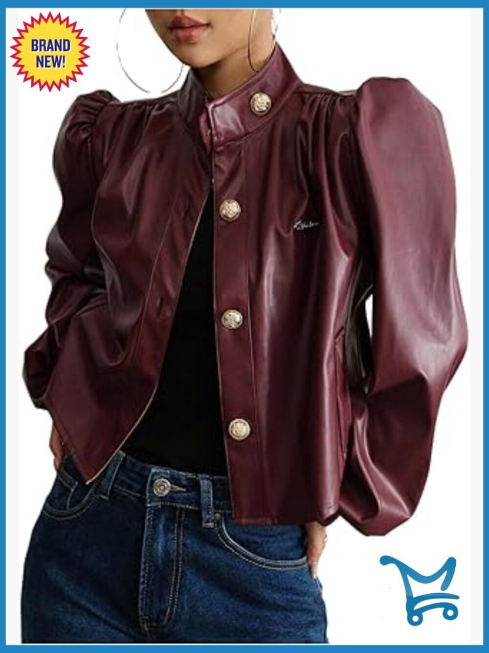 Faux Leather Cropped Puffer Jacket Long Sleeve Button Down Lightweight